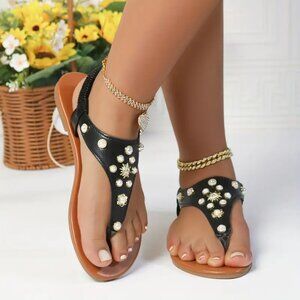 Black/Brown Summer Rhinestone Flowers Sandals